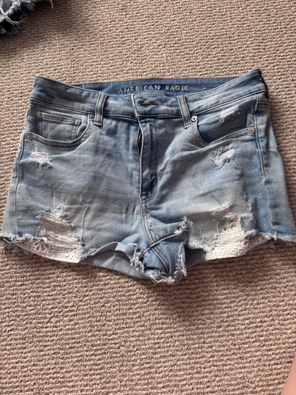 American Eagle Outfitters Light Blue Distressed Denim Shorts with Lace Inset